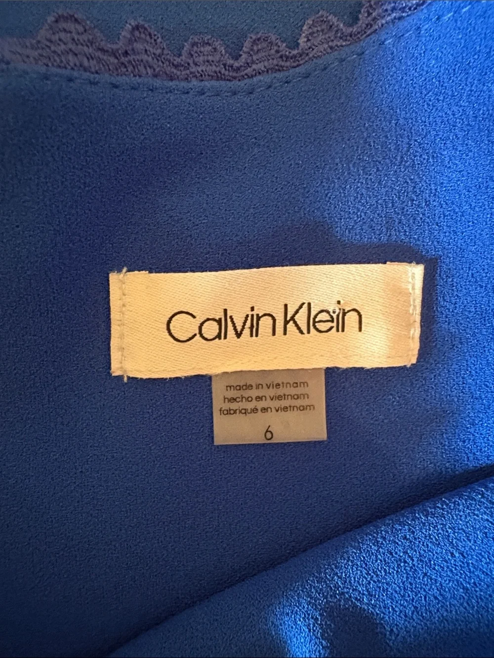 Calvin Klein blue sleeveless fit and flare scalloped lace midi dress